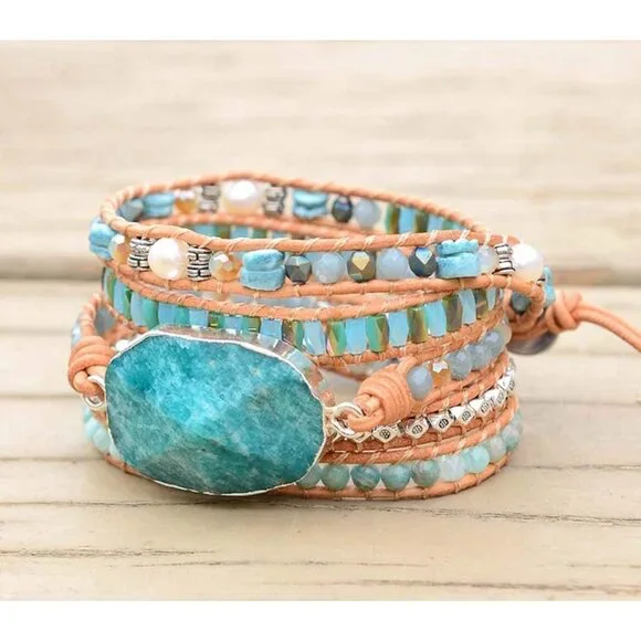 Handmade Natural Stone Wrap Bracelets Turquoises Crystal Beads Bracelet Jewelry